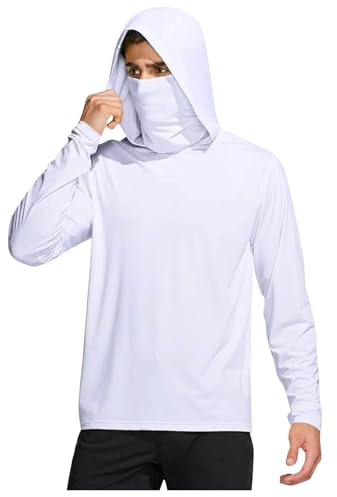 Sun Hoodie T-shirt à manches longues pour homme avec masque et trou pour le pouce Protection solaire UPF 50+ Séchage rapide Respirant Rashguard, Blanc., L