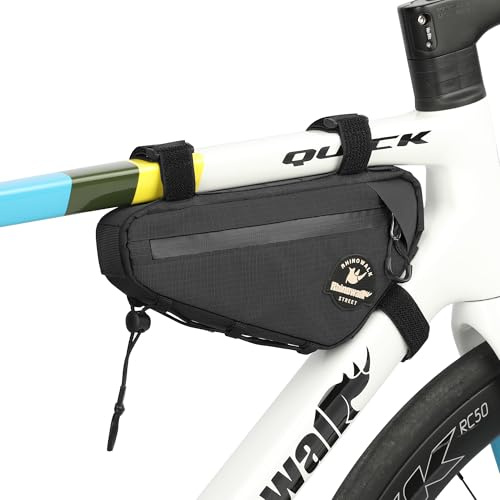 Rhinowalk Bike Frame Bag Waterproof Triangle Frame Storage Bag with Cable Port 1L Lightweight Bicycle Bag for Road Bike MTB Gravel Bike Compact Cycling Accessory with Pump Strap (Black)