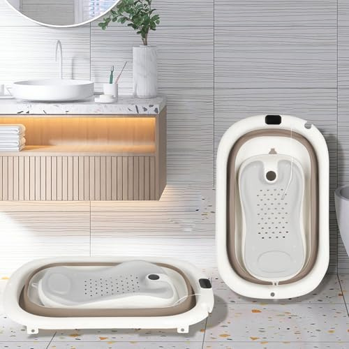Bañera Bebé, Bañera Portátil con taburete, Bañera Plegable Bebé Antideslizante - Bañeras Bebés Apta para Bebé Recién Nacido, Antideslizante y Cómodo (Caqui, B-43 * 71 * 18.5cm)