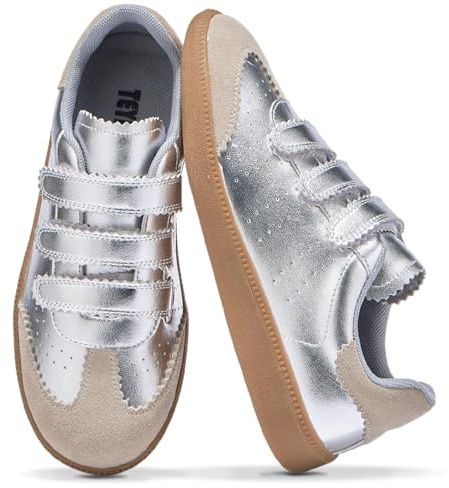 Teyiwow Sneakers for Women Lightweight Tennis Shoes Fashion Vegan Leather Hook & Loop Sneakers Non-Slip Walking Shoes(8.5,Silver)