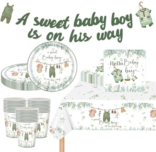 Juego de 63 piezas de vajilla de fiesta de baby shower para niño, decoraciones de mesa verde salvia con platos de papel, servilletas, tazas, mantel, pancartas, suministros de fiesta de baby shower, 16