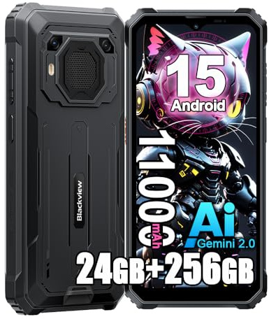 Blackview BV6200 Plus 24Go+256Go Téléphone Portable Incassable, Android 15 Telephone Débloqué 4G, 11000mAh, 16MP+13MP, 6.56 HD+ Smartphone Incassable Etanche, Dual SIM,GPS,NFC,OTG,FM, Noir