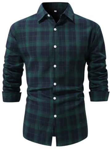 Generisch Camisas para hombre, camisa tradicional para hombre, camisa de manga larga con patrón de cuadros cepillados, talla grande, camisa estrecha y moderna, verde, M