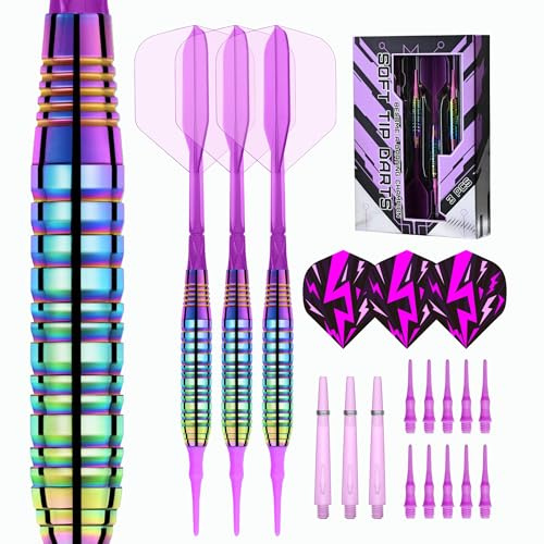 Mhekrep Soft Darts Set with Plastic Tip, 22 g, 3 Pieces Professional Darts for Electronic Dartboard, Rainbow Finish with 10 Soft Tips, 6 Flights and Storage Box (Colourful Powder)