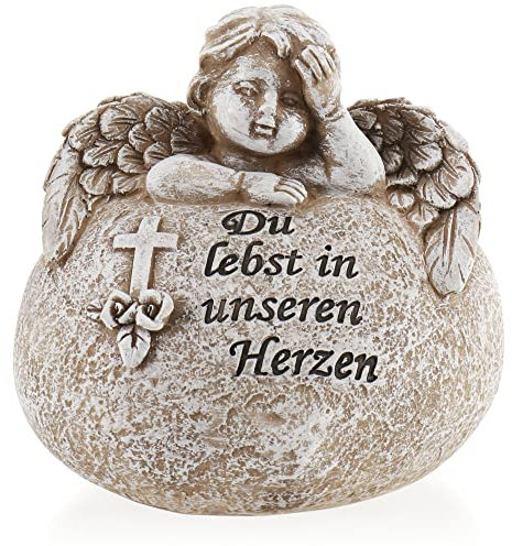 com-four® Decoración de Tumba en Forma de corazón con ángel - Piedra Conmemorativa con inscripción, Cruz y Rosas - Piedra de luto (1 Pieza - Ángel Vives en Nuestros Corazones)
