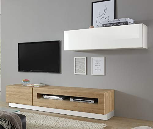 Beauty.Scouts Wohnkombination Roana X weiß/Grandson Oak hell Dekor 275x190x38-48cm Wohnzimmermöbel Wohnmöbel Wohnzimmerset Anbauwand TV-Wand TV-Element modern