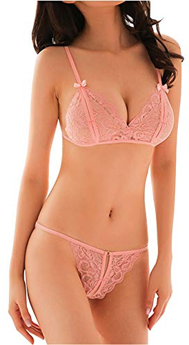 VicSec Set Bralette y Braguita para Mujer, 2 Piezas Ajustable Conjunto Sexy de Sujetador y Tanga Hilo con Entrepierna Encaje Floral - Talla única (Rosa)