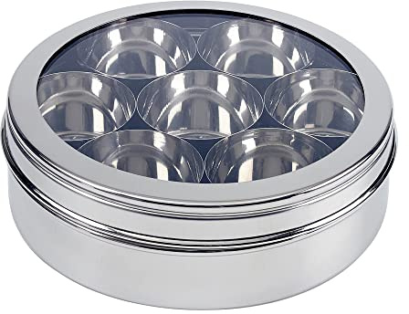 Pick N Save Masala Dabba – indisk kryddlåda, 7 fack, högsta livsmedelsgodkänt rostfritt stålburk, med gratis serveringssked – matförsörjningen