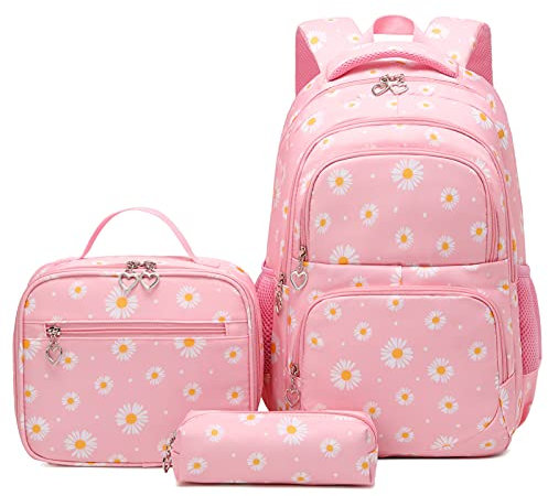 SIVENKE Schulrucksack Mädchen Teenager Damen Schultasche Rucksack Set Gänseblümchen Schulranzen für Mädchen Schule Freizeit mit Lunchpaket Tasche und Mäppchen