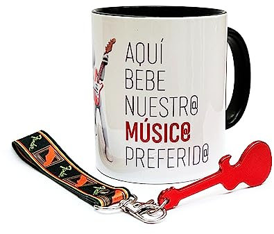 Originelle Geschenke für Musiker: personalisiertes Becher-Set + Schlüsselanhänger in Gitarrenform + Flaschenöffner in Gitarrenform