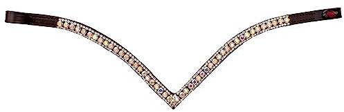 Start Woden Stirnriemen Pferd Glitzer, Stirnband Leder Diamond Pferdestirnband Pferdeschmuck geschwungen für Trense, Stirnriemen für Pferde Größe Warmblut, Vollblut und Pony (Pony, Braun/Schimmernd)