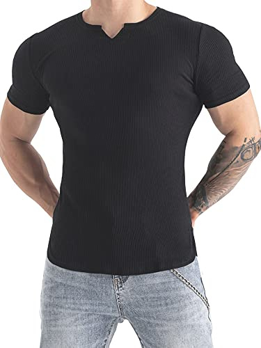 Muhshoiy Camisa de Verano de Manga Corta con Cuello En V, Tops Acanalados con Músculos, Ropa Interior y OcioNegro L