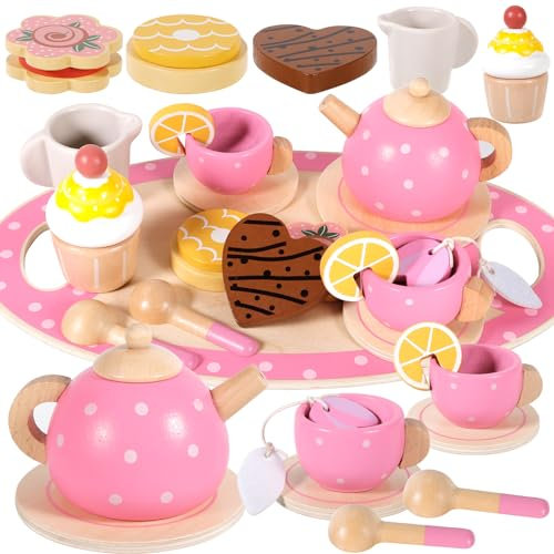 ZHHGOO Teeservice Kinder,Tee Set Holzspielzeug,Teeservice mit Dessert,Tea Party Set Kids Rollenspiele,Küchenspiele Holz,Teeservice Kinderküche für Mädchen 3 4 5 6 7 8 Jahren,Rosa