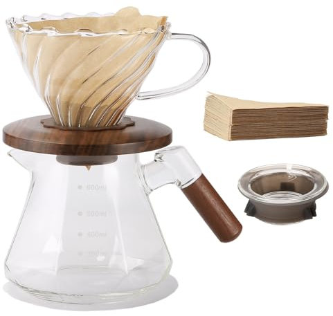 Lalord Pour Over Kaffeebereiter, 600 ml Borosilikatglas Set mit 100 Stück Größe 02 Papierfilter, Walnussholzkragen & Glasdeckel, Tropfkaffeemaschine, 1-3 Tassen, transparent