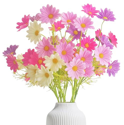 10 Bündel Seidenblumen Daisy Deko Kunstblumen Wie Echt, 49cm PU Simulation Kunststoff Blumen mit Biegbare Langstielig, Gänseblume Fake Blumen für DIY Blumenarrangements Vase Seide Blumen Dekor Haus