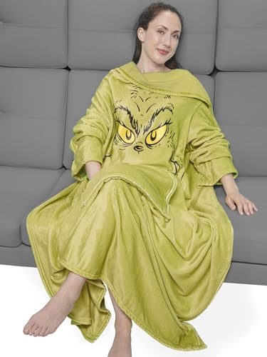 United Labels The Grinch - Coperta per TV con maniche e tasche, soffice coperta con grande tasca posteriore, coperta con maniche, 130 x 170 cm, colore: verde