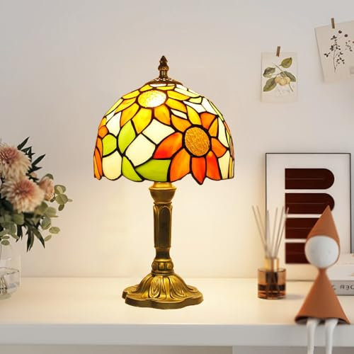 Lampada da tavolo a LED, paralume in vetro colorato, base in bronzo, lampada da tavolo in stile barocco E27, lampada da comodino, lampada da tavolo per soggiorno (forma-D)