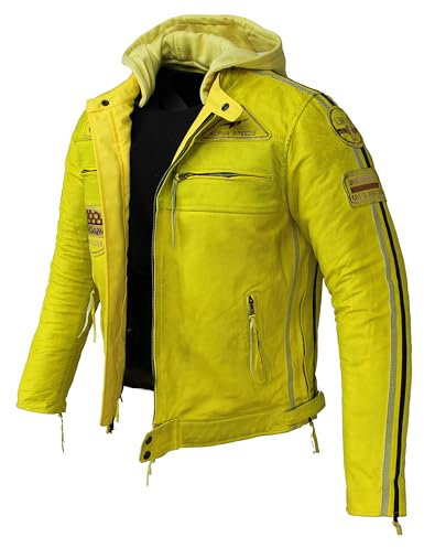 ALPHA SPEEDS Herren Motorradjacke Lederjacke Biker Jacke mit Protektoren Leder Jacke mit Kapuze Leather Jacket Fashion Jacket Custom (DE/NL/SE/PL, Alphanumerisch, 5XL, Regular, Regular, Gelb)