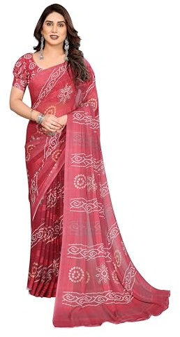 ETHNICMODE Indian Saree For Women Printed Georgette Light Weight Jari Party Wear Red Sari With Unstitched Red Blouse Piece-1136