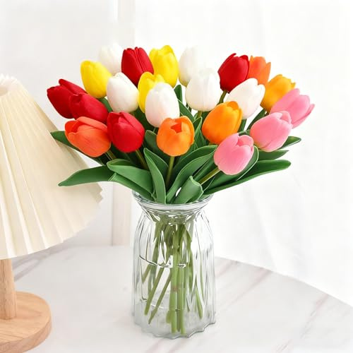 Probuk 20pcs Ramo de Tulipanes Artificiales Multicolor - Lenguaje Floral Completo (4 Naranja, 4 Blanco, 4 Rojo, 4 Rosa, 4 Amarillo), Decoración Alegre para Hogar, Oficina & Celebraciones