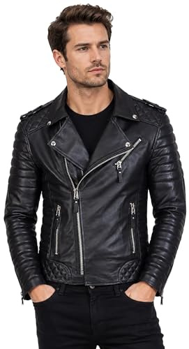 Giacca da motociclista in pelle da uomo Brando Classic Viola/Nero Trapuntata Biker Vera Pelle Capispalla, Nero , XX-Small