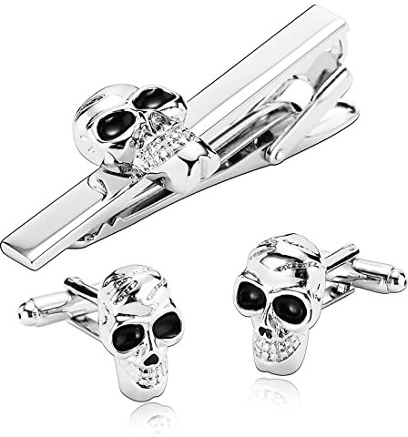 Whoiy Manschettenknöpfe Herren Totenkopf, Krawattennadel Silber Edelstahl Tie Clip and Cufflinks Sets für Hochzeit Hemd Gothic Schmuck