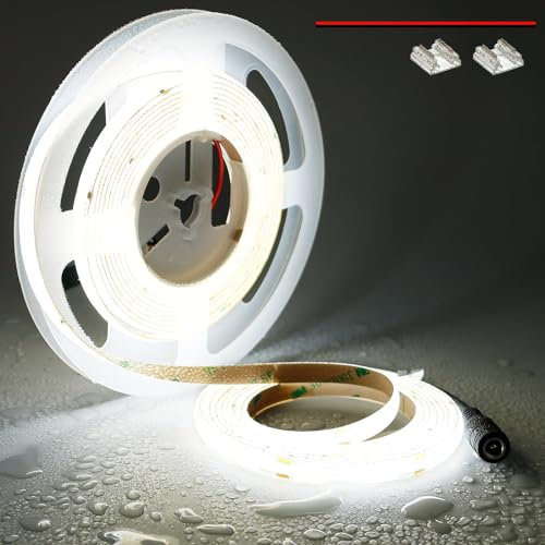 TOPAI COB LED Streifen 5M Weiß Wasserdicht IP65, 24V LED Strip 5000K Aussenbereich, CRI>90 Sehr Hell 4000lm LED Band Selbstklebend, 480LEDs/M Flexible Schneidbar für Küche Wohnzimmer