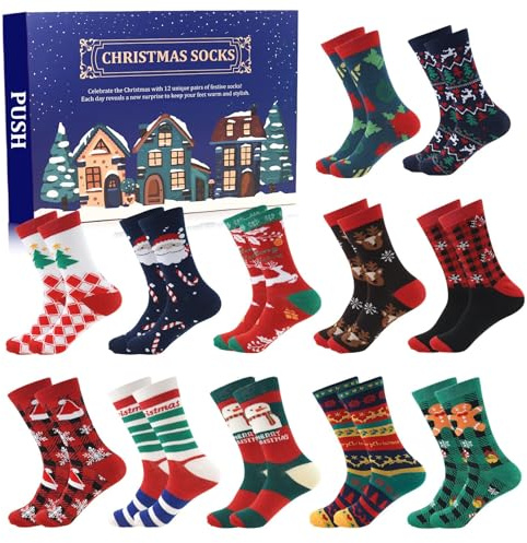 ANOTION Calcetines de Navidad 2025, calendario de Adviento, calcetines cálidos para hombres, calendario de cuenta regresiva, regalos para fiestas, 12 pares de calcetines de árbol de Navidad, alce