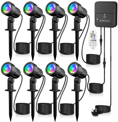 MEIKEE RGB Garden Spike Lights Color Changing LED Landscape Spotlights Dimmable IP66 Waterproof Lawn Light 10 Colors 30 Modes Decorative for Landscape Garden Lawn Patio Yard with UK Plug