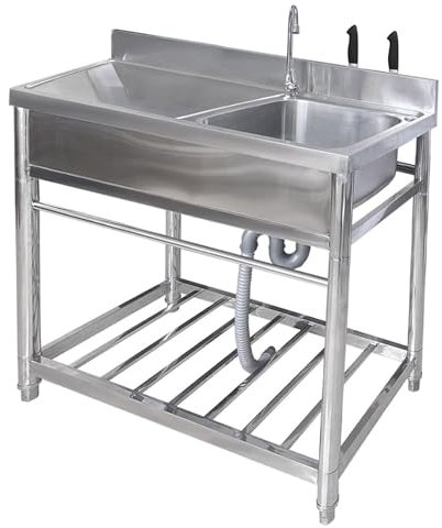 Évier de Cuisine En Acier Inoxydable avec Égouttoir, Évier Utilitaire avec Plate-forme et Étagères de Rangement, Évier Extérieur sur Pied, Évier de Restauration pour Restaurant, Hôtel, Bar, Garage