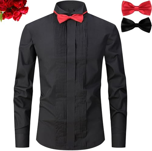 GAGFDA Camicia da smoking da uomo, casual, a maniche lunghe, slim fit, plissettata, con bottoni, per feste di nozze, lavoro, abito da sera formale, camicie con 2 papillon, Nero , L