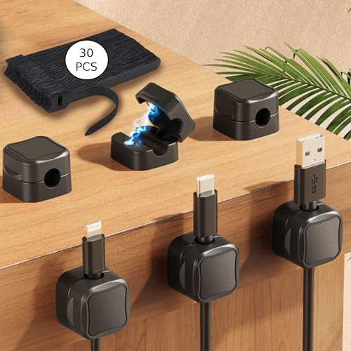 6 Pack Clips de Cables Magnéticos + 30 Bridas Reutilizables | Sujeta Cables Adhesivo | Pasacables Escritorio/Oficina | Ordena todo tipo de cables (USB, HDMI, Movil etc) y mantén todo en orden