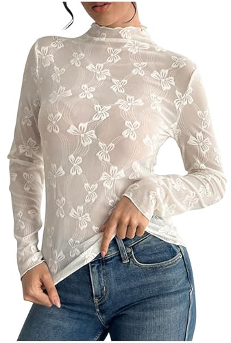 Chemisier à col montant pour femme avec bordure en dentelle florale - T-shirt décontracté à manches longues - Coupe ajustée - Motif floral - T-shirt semi-transparent pour l'automne et le printemps