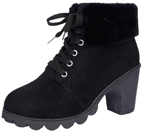 Botines de invierno para mujer, con tacón grueso, puntera redonda, con cordones, tacón alto, cálidos, elegantes, Black, 44 EU
