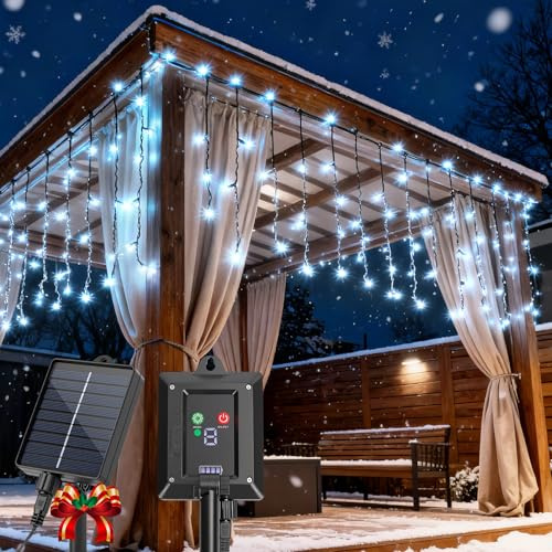 Aigostar Cortina Luces Navidad Exterior Solares - 3M+5M*0.4M, 100 LED, 8 Modos, Luz Blanca Fría - Luz Navidad Exterior, IP65 para Jardín, Balcón, Fiestas