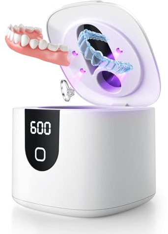 Enhanced Ultrasonic Retainer Cleaner, 2X Efficiency, 45kHz Dentures Cleaner Machine with UV Lights&4 Clean Modes, Retainer Cleaner Case for Aligner, Nightguard, Mouth Guards, Jewelry, Rings, etc