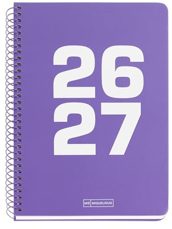 Miquelrius - Skolkalender 2026 2027 dag per sida A5+, lila | 10 månader, 15 x 21,3 cm, plastkartong, metallfärgad spiral, präglingsår, klistermärken, spansk-EN