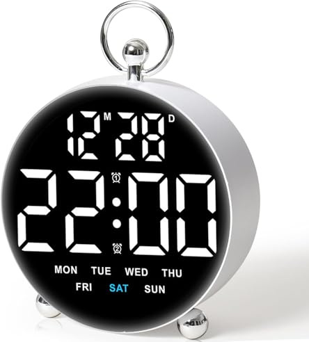 Adofous Digital Alarm Clock, Alarm Clocks Bedside with HD LED Display, Battery/USB Powered Clock with Snooze, 5 Adjustable Brightness, 2 Alarms, Voice Control Mode, Timer for Bedroom Office (White)