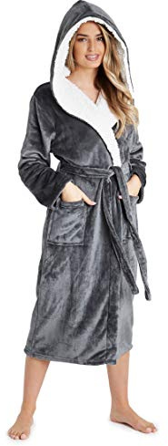 CityComfort Robe de Chambre Femme en Polaire Douce - Peignoir Long Capuche Adulte (Gris Foncé, M)