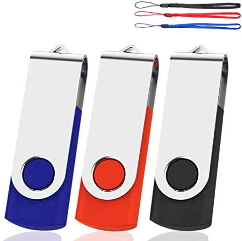 USB Memory Stick 32GB 3 Pack USB2.0 Thumb Pen Drive Swivel Design Fold Storage (Mixed Color With Lanyard)