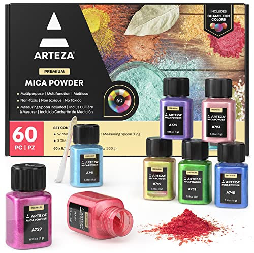 Arteza Mica Pulver für Epoxidharz, 60 Farbtöne, Glimmerpulver in 5ml Flaschen für Farben, zur Herstellung von Kerzen und für andere DIY-Projekte