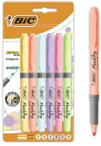 BIC Highlighter Grip Pastel, Highlighter Pens with Adjustable Chisel Tip, Rubber Grip for Extra Comfort, Assorted Colours, Pack of 6