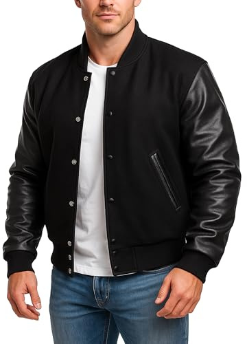 LP-FACON Mens Black Varsity Jacket | College Baseball High School Letterman Bomber Wool + Faux Leather Jacket
