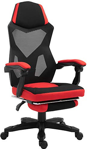 Vinsetto Chaise de Bureau Fauteuil Gaming Hauteur réglable Dossier roulettes pivotantes Repose-Pied Tissu en Maille 58L x 63l x 112-122H cm Rouge Noir