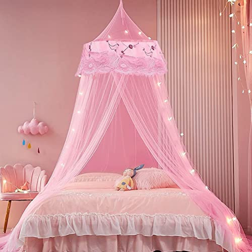 SZHTFX Princess Pink Mosquito Mesh Net for Bed Large Dome Hanging Bed Canopy for Girls with Round Lace for Punch-free Installation Bed Net for Single to Double Bed Ideal for Bedroom Decorative (Pink)