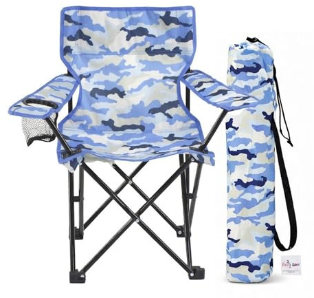 Emily Rose Kids Folding Beach Camp Chair with Safety Lock - Camping Travel Chair for Boys Girls Toddlers Ages 2-7 with Cup Holder & Carry Case (Blue Camo) Indoor Outdoor Lightweight USA Brand
