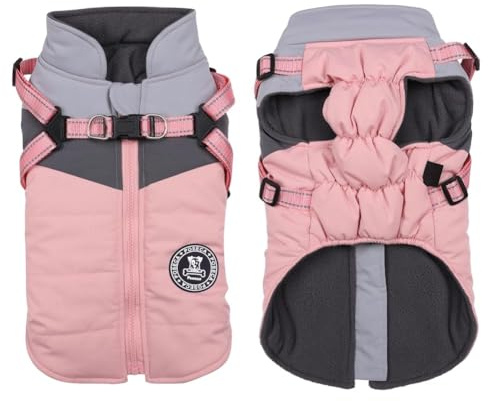 Poseca Dog Coat with Built-in Harness | 3-in-1 Waterproof Winter Jacket & Raincoat | Reflective Warm Puppy Clothes for Small Medium Dogs | Outdoor Walking (Pink, S)