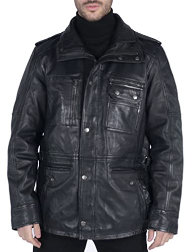 Veste pour Homme Manteau Parka Longueur 3/4 Cuir véritable Coupe ajustée Style Militaire - Noir 3XL