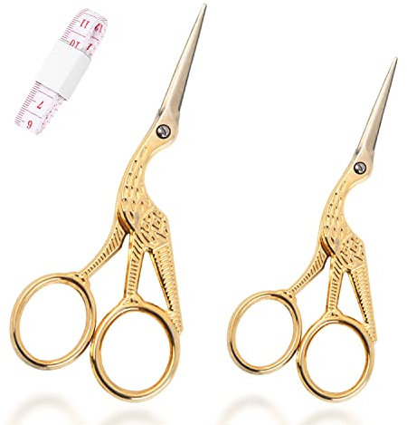 2 Stück Stickschere und 1 Maßband, kleine Nähschere aus Edelstahl, Retro-Stil, zum Sticken, Gold 11,5 cm und 9,3 cm, kleines Maßband 1,5 m