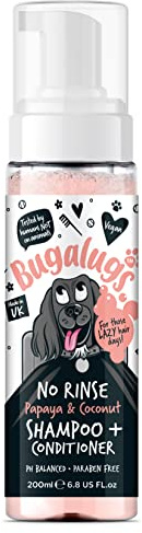 Bugalugs No Rinse Papaya & Coconut Dog Shampoo - Luxury 2 in 1 dog Dry shampoo & conditioner - odour eliminator natural shampoo with dog perfume quick shower for pets